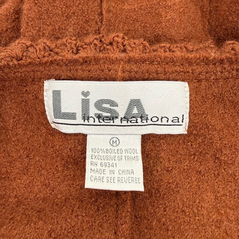 Vtg Lisa International Boiled Wool Blazer Jacket‎ M Crochet Ruffle V-Neck Brown - Picture 11 of 16